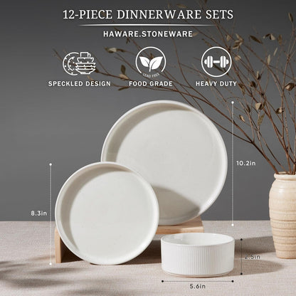 Dinnerware Sets, Plates and Bowls Set for 4, Speckled Ivory White2