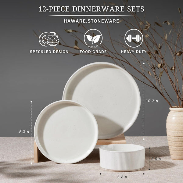 Dinnerware Sets, Plates and Bowls Set for 4, Speckled Ivory White2