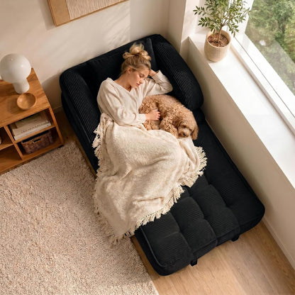 Convertible Sleeper Chair, Folding Sofa Bed with Armrests, Foldable Boneless Bed, 3-In-1 Portable Corduroy Futon Couch Floor Sofa with Pillow for Bedroom, Living Room, Black2
