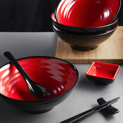 Unbreakable Ramen Bowl Set with Chopsticks and Spoon: 2 Large Japanese Style Melamine Ramen Bowls, Dipping Bowls and Chopstick Stands for Asian Pho Soup Thai Miso Udon Wonton (2 Bowl Set, Red-Black)6