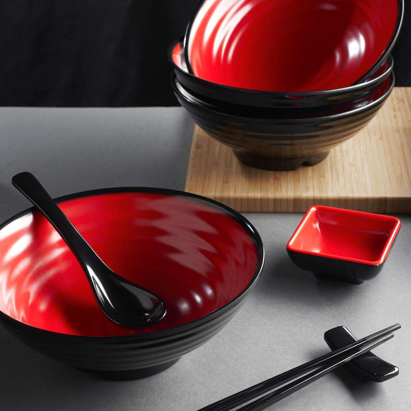 Unbreakable Ramen Bowl Set with Chopsticks and Spoon: 2 Large Japanese Style Melamine Ramen Bowls, Dipping Bowls and Chopstick Stands for Asian Pho Soup Thai Miso Udon Wonton (2 Bowl Set, Red-Black)6