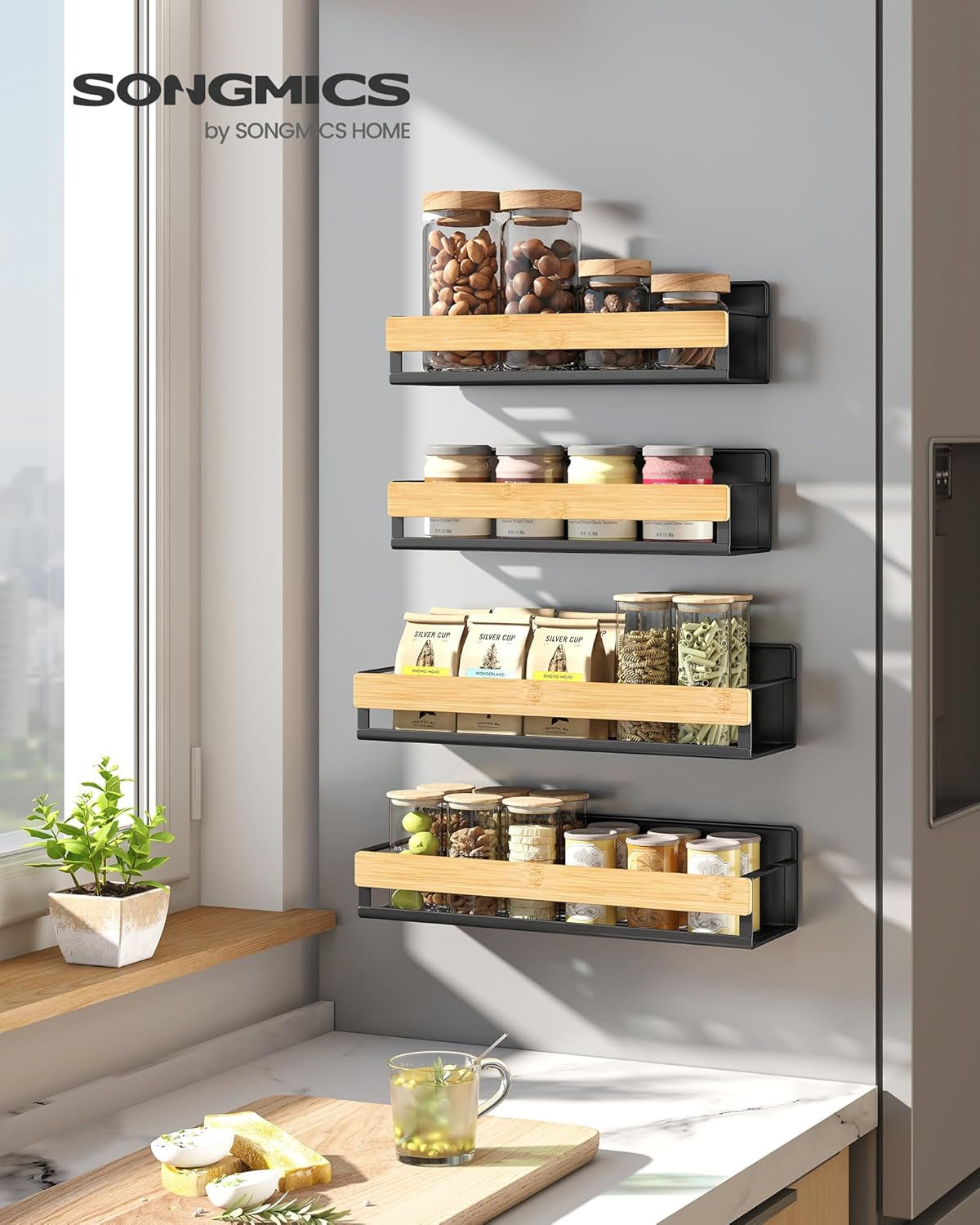 songmics-4-pack-strong-magnetic-real-bamboo-spice-racks-for-fridge-kitchen-organizer-shelf-11-8-x-4-1-x-3-10-6-x-3-6-x-3-in-ink-black-and-light-bamboo-bystro-collection-ukcs062bh01