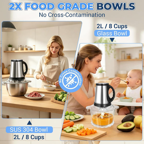 Food Processor-2 Bowls (8Cups+8Cups),800W Food Chopper Meat Grinder | 【2 Sets Stainless Steel Blade】【Pure Copper Motor】Small Food Processor for Meat,Vegetable,Garlic,Onion,Chicken Shredder6
