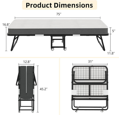 Folding Bed with Mattress, Portable Rollaway Bed for Adults - Foldable Cot Size Bed Frame with 5" Memory Foam Mattress and Storage Cover, Guest Day Bed with Metal Fold up Bed on Wheels, 75"X31"3
