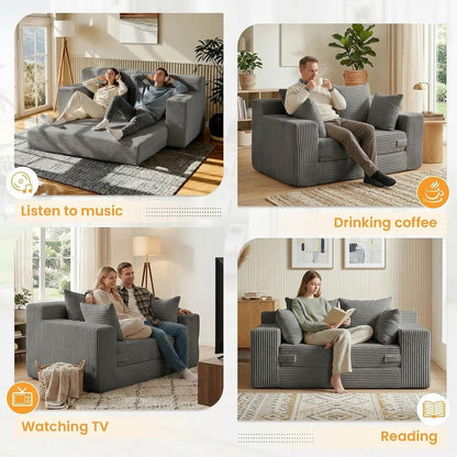 Winzon Boneless Loveseat, 3 in 1 Convertible Sofa Bed Sleeper Sofa Floor Futon Bed with 4 Pillows, 55" Grey Boneless Couch for Living Room, Guest Room, Small Space, No Assembly Required, Corduroy5