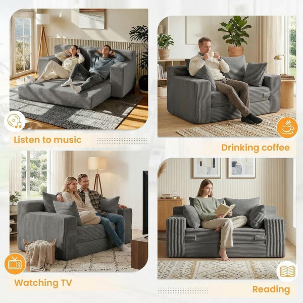 Winzon Boneless Loveseat, 3 in 1 Convertible Sofa Bed Sleeper Sofa Floor Futon Bed with 4 Pillows, 55" Grey Boneless Couch for Living Room, Guest Room, Small Space, No Assembly Required, Corduroy5