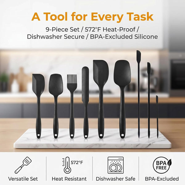 Silicone Spatula Set 9Pcs, Heat Resistant 572°F, Food-Grade Silicone, Bpa-Free for Baking, Cooking & Mixing, Non-Stick, Dishwasher Safe, Rubber Spatulas & Baking Spatula Set, Black2