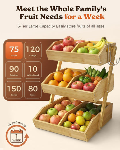 3-Tier Bamboo Fruit Basket with 2 Banana Holders | Large Tiered Organizer for Bread, Snacks, Veggies. Sturdy Bamboo, Includes Mats & Dividers. Easy to Assemble.3