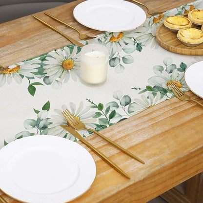 Daisy Flowers Table Runner 13X72 Inch Seasonal Spring Summer Green Plants Kitchen Dinning Table Decoration for Indoor Outdoor Birthday Home Party Decor4