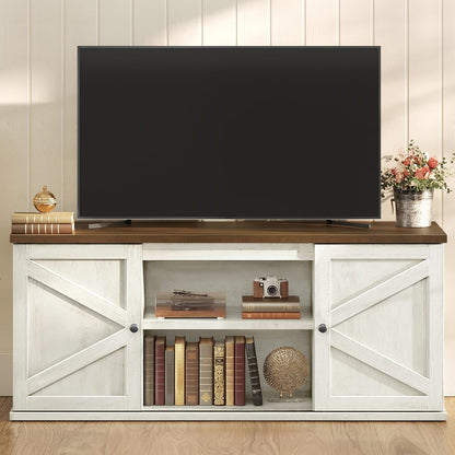 VASAGLE Farmhouse TV Stand for Tvs up to 65 Inches, Entertainment Center with Storage Cabinets and Sliding Barn Doors, Media Console Table for Living Room, Rustic White and Honey Brown ULTV535W011