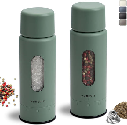 Salt and Pepper Grinder Set Manual, Salt and Pepper Mill with Ceramic/Stainless Steel Core, External Adjustable Coarseness, Refillable, Durable (2 Packs, Sage)1