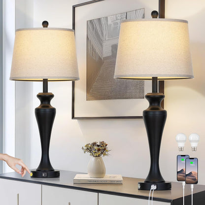 30“ Black Table Lamps for Living Room, 3-Way Dimmable Touch Control Lamp with USB A+C Ports and AC Outlet, Tall Bedside Lamps Set of 2, Metal Bedroom Lamp for Nightstand, 2 Bulbs Included1