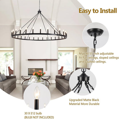 Black Extra Large Wagon Wheel Chandelier, 60 Inch 30 Lights6