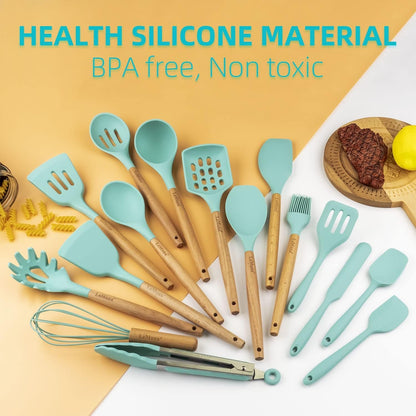 Cooking Utensils Set, 18Pcs Kitchen Silicone Utensils, Heat Resistant Non Toxic & Bpa-Free with Holder & Wooden Handle, Home Essential Accessories, Teal(Turquoise)4