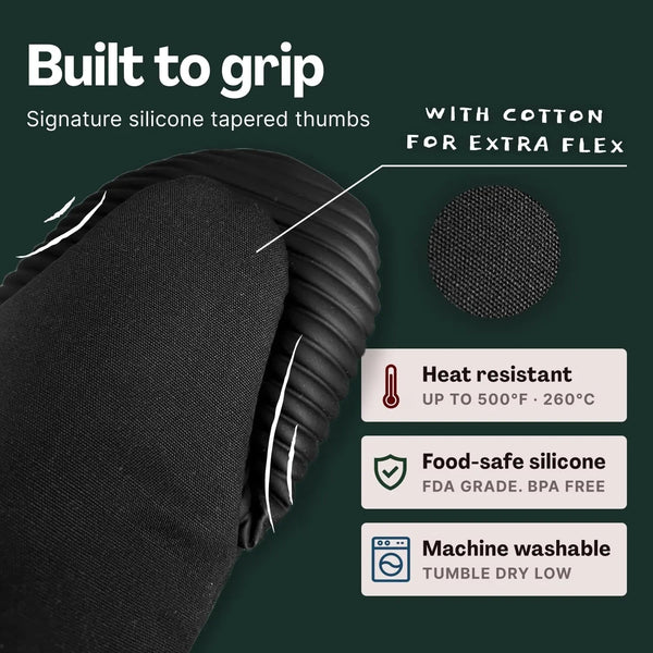 Magnetic Oven Mitts & Pot Holder 3 Pc Set, High Heat Silicone Black | Heat Resistant to 500F, 2 Mini Mitts & 1 Hot Pad, Magnetic Storage, Non-Slip Grip, 100% Machine Washable, Premium Cotton4
