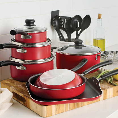18 Piece Nonstick Cookware Set - Red - Aluminum Construction, Dishwasher Safe, Compatible with Gas, Electric, Ceramic Cooktops - Includes Sauté Pans, Griddle, Dutch Oven, Cooking Utensils2