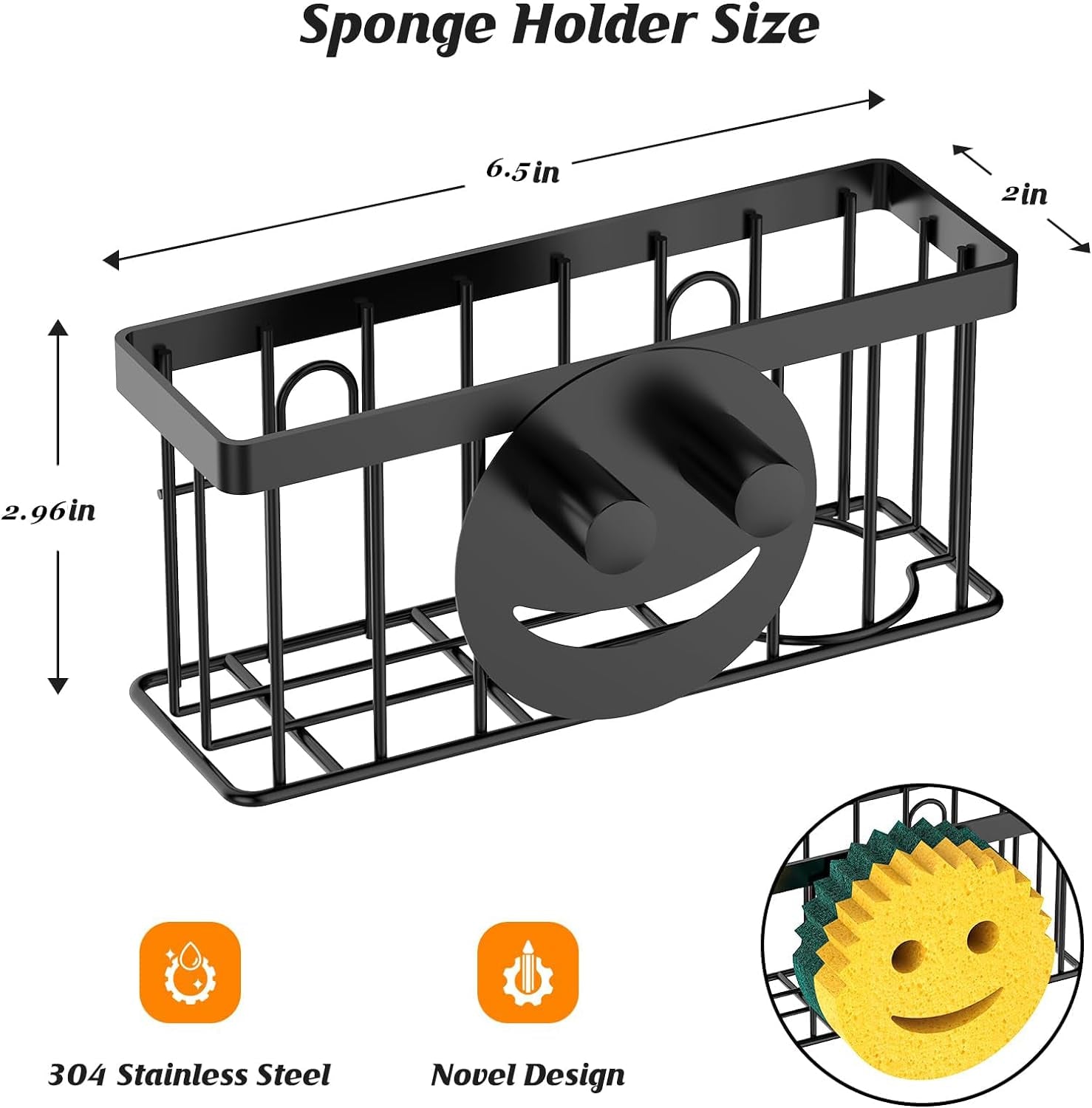 sponge-holder-smiley-face-sink-organizer-with-2-suction-cups-1-adhesive-strips-designed-for-sponge-soap-dish-brush-scrubber-black