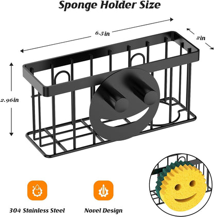 Sponge Holder Smiley Face, Sink Organizer with 2 Suction Cups/1 Adhesive Strips, Designed for Sponge, Soap, Dish Brush, Scrubber - Black2