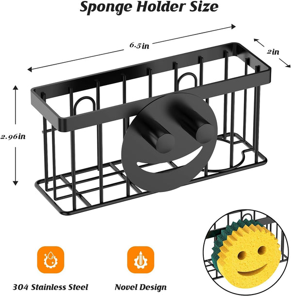 Sponge Holder Smiley Face, Sink Organizer with 2 Suction Cups/1 Adhesive Strips, Designed for Sponge, Soap, Dish Brush, Scrubber - Black2
