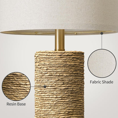 Boho Lamps Set of 2, 25.5" Coastal Farmhouse Bedside Lamps, Resin Woven Rattan-Look Nightstand Lamps with Linen Shade & Rotary Switch for Bedroom Living Room Home Decor2