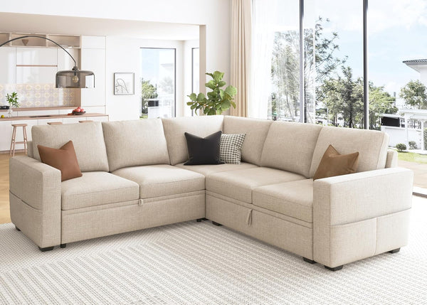 Modular Sectional Sleeper Sofa with Pull Out Bed, L Shaped Couch with Storage Seat, Convertible Sectional Couches for Living Room, Beige6
