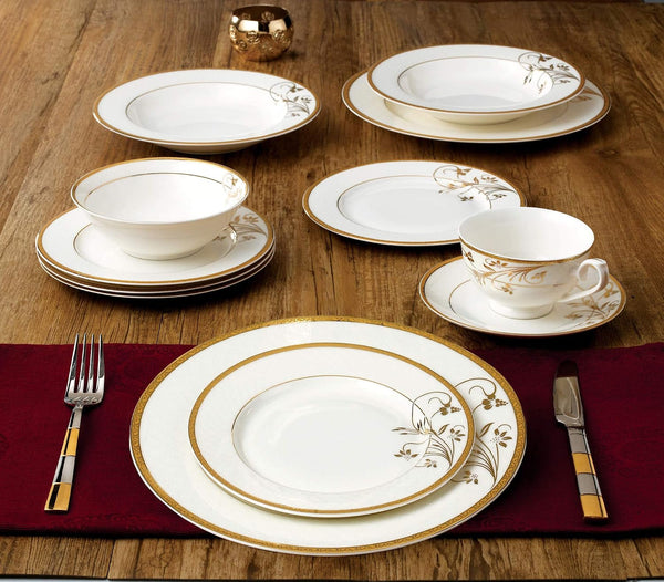 La Luna Bone China 57-Piece 24K Gold Floral Design Dinnerware Set, Service for 86
