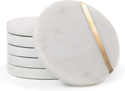 Marble Coasters with Gold Brass Inlay, White, Set of 6 | Real Natural Semi Absorbent Stone, Modern Luxury Decor for Coffee Table, Office Desk or Bar Cart1