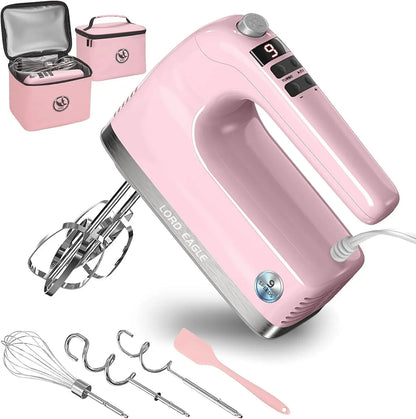 9-Speed Digital Hand Mixer Electric Handheld, 500W DC Motor | Kitchen Mixer for Cake Baking, Lightweight Egg Beaters with Stain-Resistant & Waterproof Storage Bag & 6 Accessories, Pink1