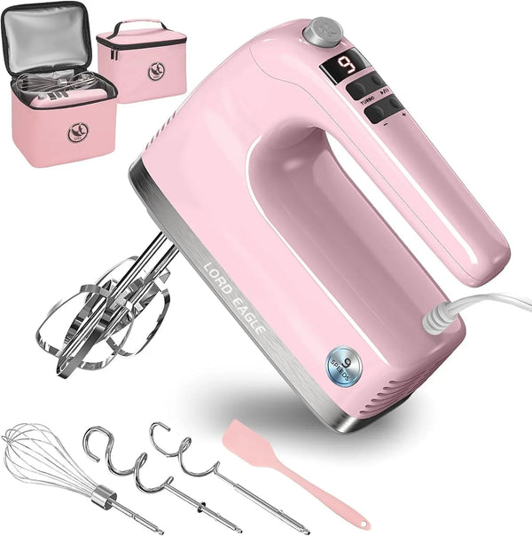 9-Speed Digital Hand Mixer Electric Handheld, 500W DC Motor | Kitchen Mixer for Cake Baking, Lightweight Egg Beaters with Stain-Resistant & Waterproof Storage Bag & 6 Accessories, Pink1