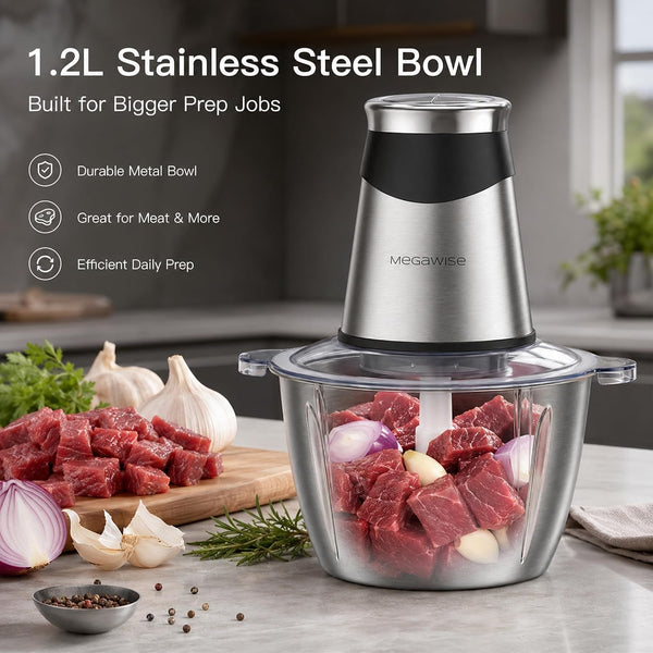 Food Processor, 800W Electric Meat Grinder with 0.6L Glass Bowl & 1.2L Stainless Steel Bowl, Dual Speed Modes and Bi-Level Bladesblades for Meat, Vegetables, Nuts, Fruits, and Baby Food2
