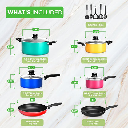15-Piece Non Stick Kitchen Cookware Set Pfoa/Pfos-Free, Colorful Heat Resistant Lacquer W/Saucepot, Frying Pans, Oven Pot, Lids, 5 Utensil - NCCWCOR152