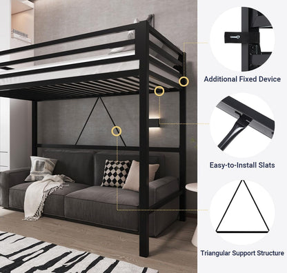 Metal Loft Bed Twin Size with Guardrail and Ladder,Black3