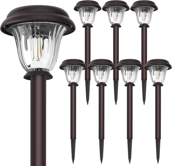 8 Pack Solar Lights Outdoor, Stainless Steel Glass Solar Pathway Lights, Auto On/Off Long-Lasting Waterproof Garden Lights for Landscape, Path, Yard, Driveway, Walkway Decor (Warm White)8