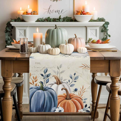 Fall Table Runner 13X48 Inches Long Blue Pumpkin Table Runners Floral Leaves Cotton Linen Autumn Harvest Dresser Scarf Kitchen Dining Table Decor for Thanksgiving Holiday Party Coffee Indoor Outdoor3