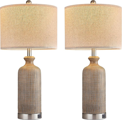 Living Room Lamps Set of 2, 27" Touch Lamps for Nightstand with USB A+C Ports, Modern Farmhouse Table Lamps for Bedroom, Wood Grain, Ceramic6