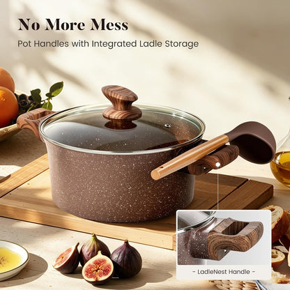 10Pcs Induction Pots & Pans Set Non Stick, Brown | Nonstick Cookware Set, Healthy Non Toxic Cooking Pans and Pots, Easy to Clean, PFOA&PFAS Free5