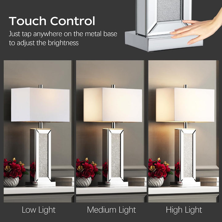 Modern Table Lamp Set of 2 Touch Control, Silver Mirror Diamond Crystal Bedside Lamp with USB C+A Ports, 3-Way Dimmable Mirrored Nightstand Lamps White Fabric Shade for Living Room Bedroom Art Decor+2