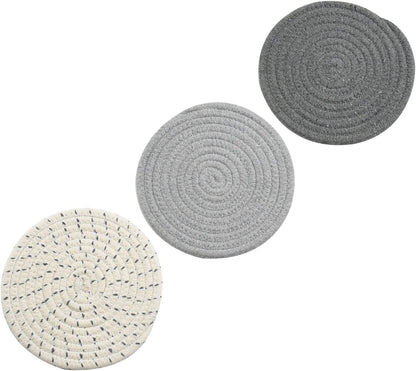 Potholders Set Trivets Set 100% Pure Cotton Thread Weave Hot Pot Holders Set (Set of 3) Stylish Coasters, Hot Pads, Hot Mats,Spoon Rest for Cooking and Baking by Diameter 7 Inches (Gray)4