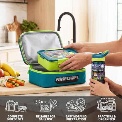 Minecraft Kids Lunch Box 3 Pc Set with Insulated Lunch Bag, Bento Box with Two Mini Pots & 20 Fl Oz Water Bottle with Straw for School, Picnic, Creeper Gamer Gifts for Boys (Multi Minecraft)2