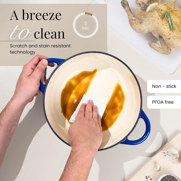 Enamelled Cast Iron Dutch Oven Pot with Lid-6.4 Quart Non Stick Casserole Pot-Heavy Duty & Oven Safe up to 500° F for Bread Baking, Braising, Stews, Roasting - 28Cm Dark Blue8