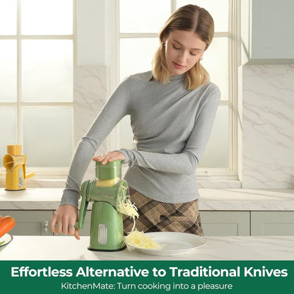 Rotary Cheese Grater 5 Blades,Kitchen Mandoline Vegetable Slicer | Easy to Clean,Strong Suction Base,Blades Storage Box,Round Mandoline Slicer&Food Chopper for Vegetable,Salad,Nut,Retro Green6