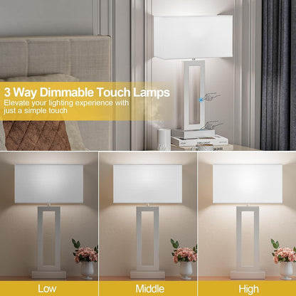 22" Tall Bedroom Lamps for Living Room - Touch Brushed Nickel Bedside Lamps with USB C+A, 3 Way Dimmable Lamp for Nightstand, Modern Night Stands Lamps for End Tables(White&Silver)3