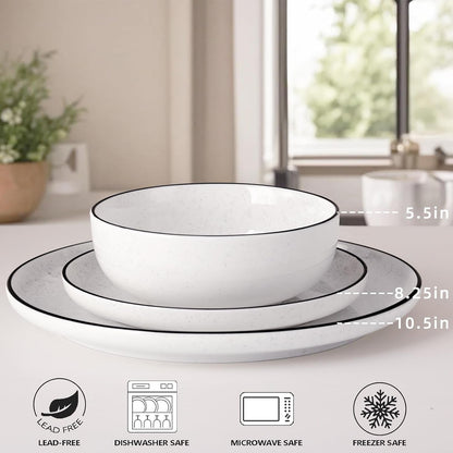 Plates and Bowls Sets for 4,12 Pieces Ceramic Dish Set, White Dinnerware Set for Kitchen, Modern Design Plate Sets with Black Rim, Microwave and Dishwasher Safe2