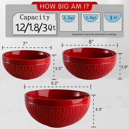 Porcelain Mixing Bowls for Kitchen, 3/1.8/1.2 Qt Ceramic Large Serving Salad Soup Bowl Set, Deep Nesting Bowl for Space Saving, 3-Piece Set, Microwave and Dishwasher Safe, Red2