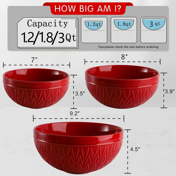Porcelain Mixing Bowls for Kitchen, 3/1.8/1.2 Qt Ceramic Large Serving Salad Soup Bowl Set, Deep Nesting Bowl for Space Saving, 3-Piece Set, Microwave and Dishwasher Safe, Red2
