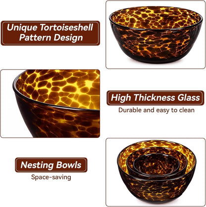 3 Pcs Tortoise Shell Glass Mixing Bowls Set(4.5Qt, 2.7Qt, 1.1Qt)5