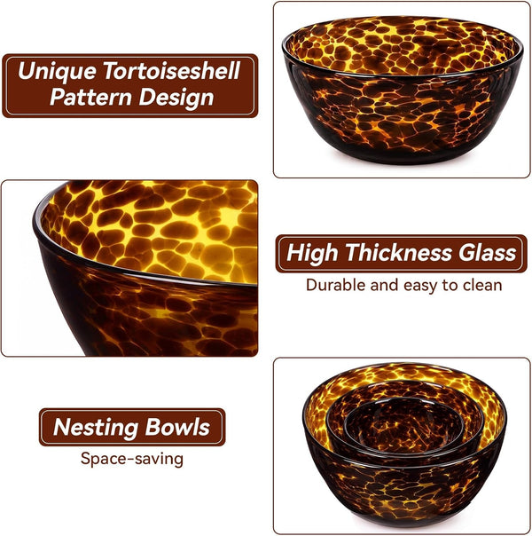 3 Pcs Tortoise Shell Glass Mixing Bowls Set(4.5Qt, 2.7Qt, 1.1Qt)5