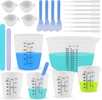 Silicone Resin Mixing Measuring Cups for Resin Supplies, Easy-To-Read Marks, 600Ml/20Oz Bowl, 250&100Ml Thickened Reusable Silicone Cups for Epoxy Mixing, with Stir Sticks, Jewelry Making1