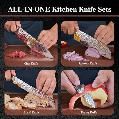 Knife Sets for Kitchen,15-Piece Hammered Desgin Knife Set with Block and Sharpener, High Carbon Stainless Steel Chef Knives with Grey Triple Rivet Handle, Ultra Sharp and Dishwash Safe5
