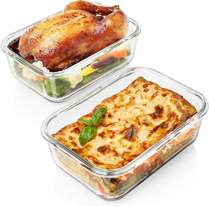 8 Cups/ 63 Oz 4 Piece (2 Containers + 2 Lids) Large Glass Food Storage/ Baking Containers with Locking Lids . Ideal for Storing Food, Vegetables or Fruits. BPA Free & Leak Proof -Microwave, Oven Safe8
